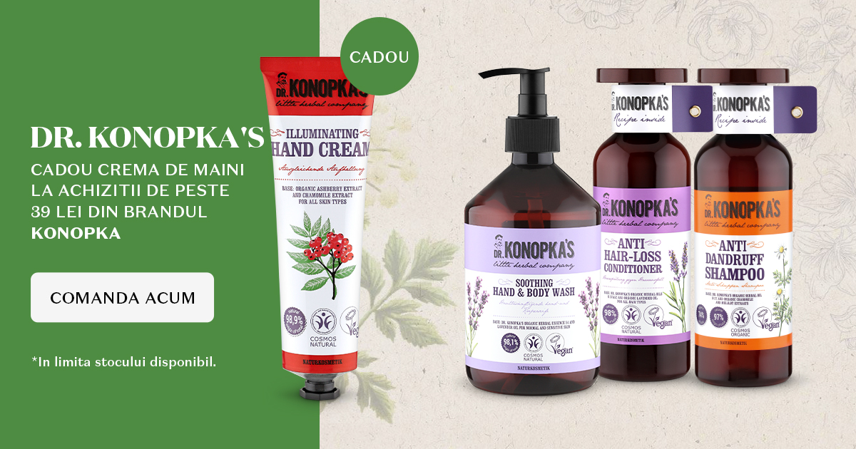 La achizitia de produse Dr. Konopka's Little Herbal Company in valoare de minim 39 Lei se acorda, gratuit, o crema de maini
